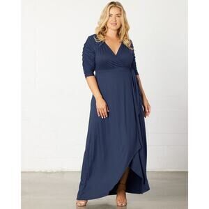 Kiyonna Dress Meadow Dream Style 5X Maxi True Wrap Slimming Navy Blue Ruched